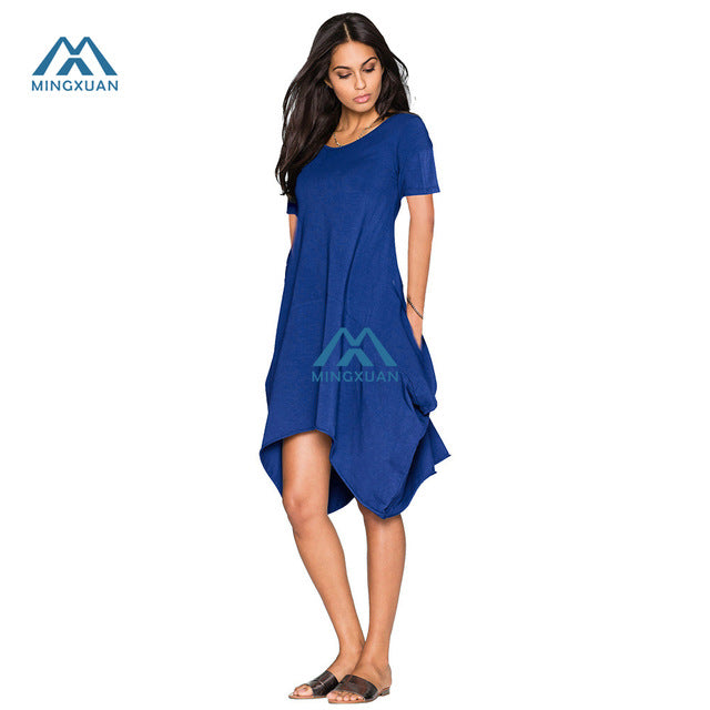 Hot Sexy Women Summer New Dresses Irregular Cotton Solid Color Round Neck Short Sleeved Pocket Dress