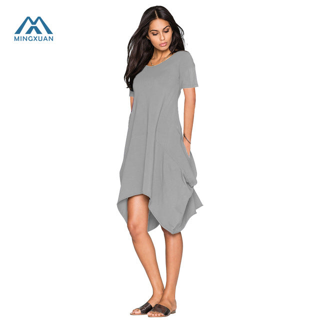 Hot Sexy Women Summer New Dresses Irregular Cotton Solid Color Round Neck Short Sleeved Pocket Dress