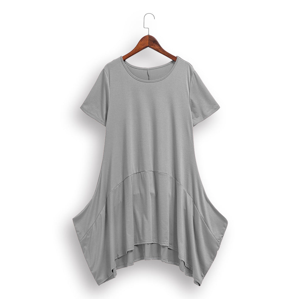 Hot Sexy Women Summer New Dresses Irregular Cotton Solid Color Round Neck Short Sleeved Pocket Dress