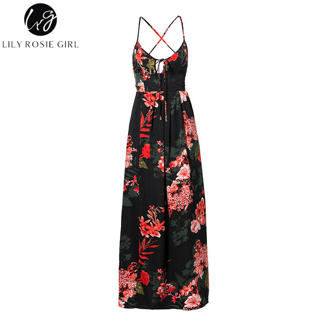 Lily Rosie Girl Red Floral Print Sexy Lace Up V Neck Women Maxi Dresses Summer Split Backless Beach Long Vestidos Boho Dress