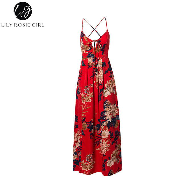 Lily Rosie Girl Red Floral Print Sexy Lace Up V Neck Women Maxi Dresses Summer Split Backless Beach Long Vestidos Boho Dress