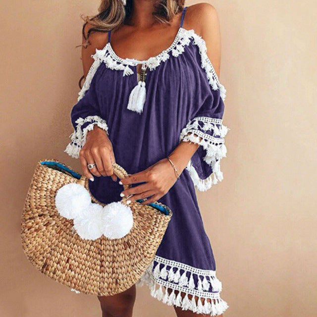 Female Spaghetti Strap Boho Dress Plus Size 5XL Summer Loose Beach Sundress Backless Short Sleeve Tassel Women Dresses GV130