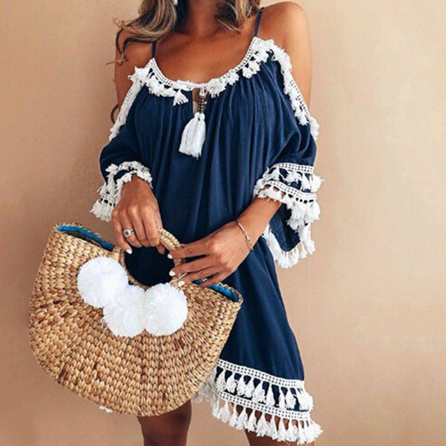 Female Spaghetti Strap Boho Dress Plus Size 5XL Summer Loose Beach Sundress Backless Short Sleeve Tassel Women Dresses GV130