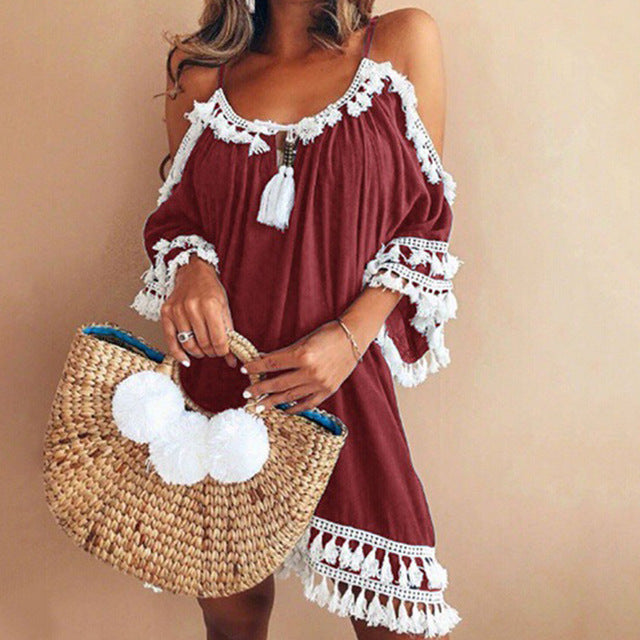 Female Spaghetti Strap Boho Dress Plus Size 5XL Summer Loose Beach Sundress Backless Short Sleeve Tassel Women Dresses GV130