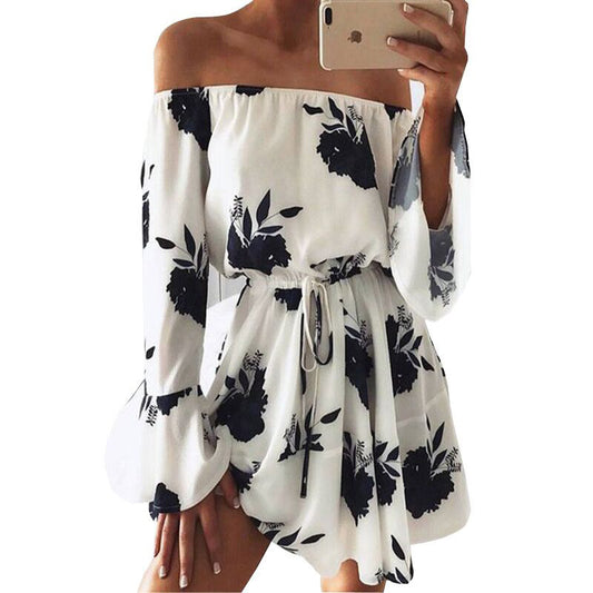 LOSSKY Women Summer 2018 Beach Floral Boho Dress Loose Printing Sexy Off the Shoulder Flare Sleeve Empire Flash Neck Mini Dress