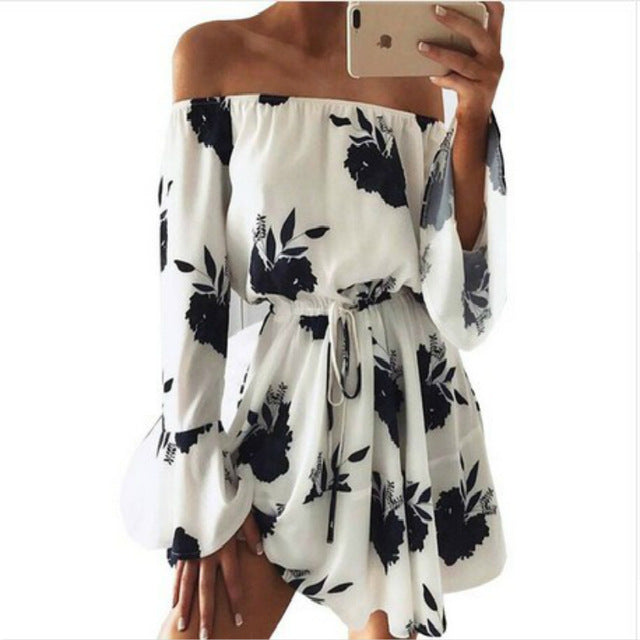 LOSSKY Women Summer 2018 Beach Floral Boho Dress Loose Printing Sexy Off the Shoulder Flare Sleeve Empire Flash Neck Mini Dress