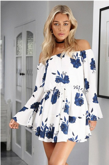 LOSSKY Women Summer 2018 Beach Floral Boho Dress Loose Printing Sexy Off the Shoulder Flare Sleeve Empire Flash Neck Mini Dress