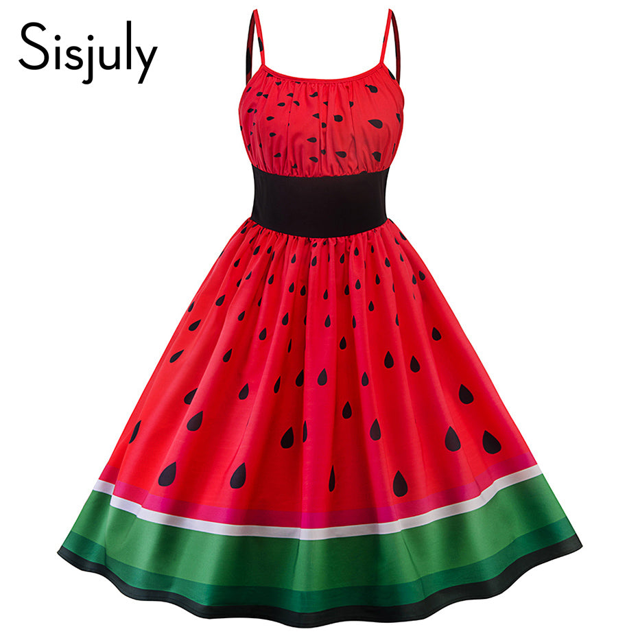 vintage dress summer women strapless dresses elastic waist watermelon printed strap a-line red 2018 cute chic girls retro dress