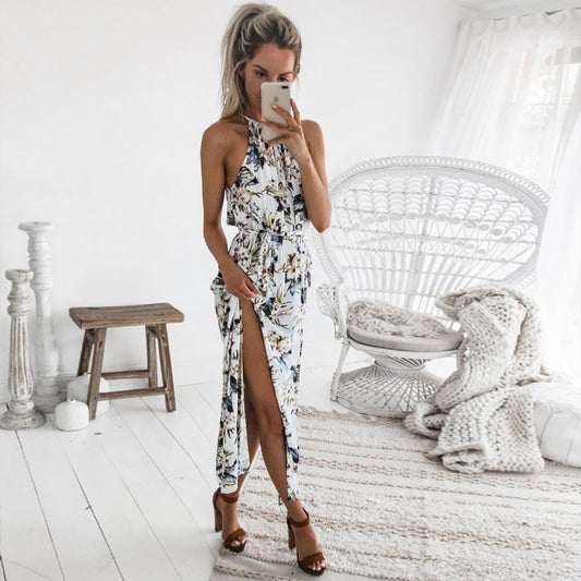 DeRuiLaDy 2018 Boho Floral Print Straps Long Dress Women Sexy Backless Summer Beach Maxi Dresses Womens Casual Vestidos Femme