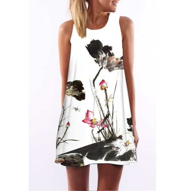 2018 Summer Dress Floral Print Boho Dresses For Women Casual Beach Sundress Sleeveless Flamingo Chiffon Dress Vestidos De Fiesta