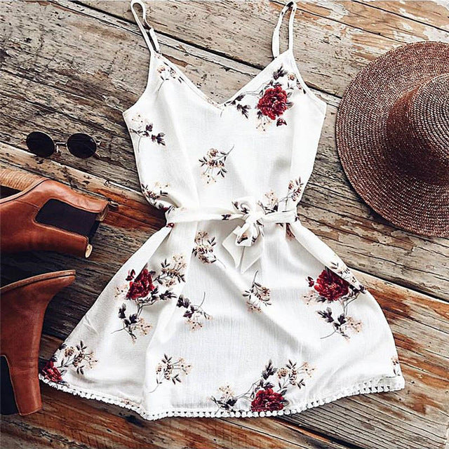 2018 Summer Spaghetti Strap Floral Dress Women Sexy Beach Tank Top Sundresses White Casual Elegant  Mini Party Dresses Vestidos